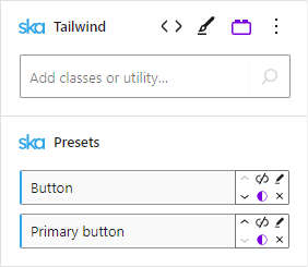 Block Editor UI showing "Button" and "Primary button" presets applied to a block