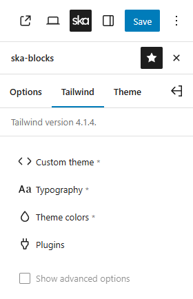 Options for configuring Tailwind theme in ska-blocks plugin