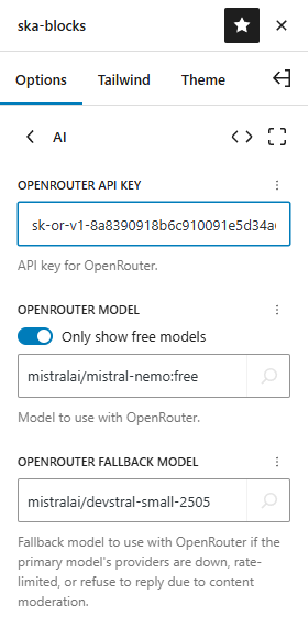 ska-blocks options for configuring OpenRouter API key and models
