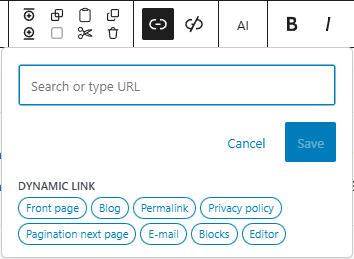 Adding a link to an <a> element from the block toolbar