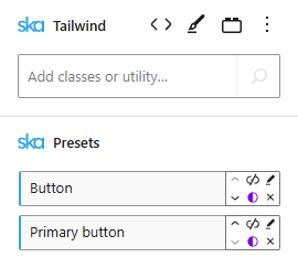 Block Editor UI showing "Button" and "Primary button" presets applied to a block