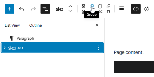 Wrapping a button in an element using the Grouping function from block editor toolbar