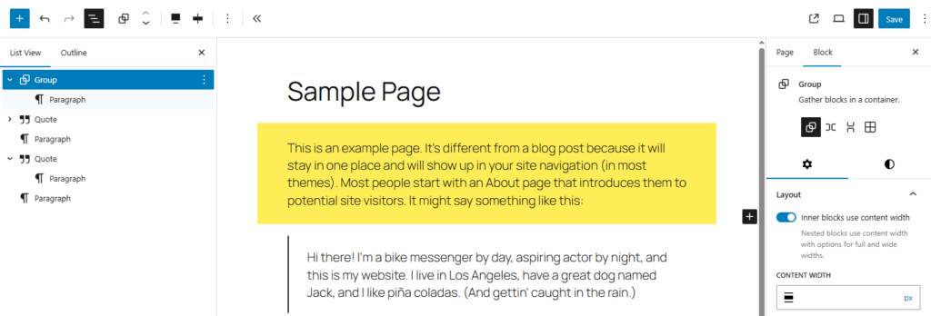 A paragraph with a yellow background in the block editor with sample page content, Group block selected in the list view with alignment set to "Full width", the yellow paragraph is almost full width but has whitespace on the sides