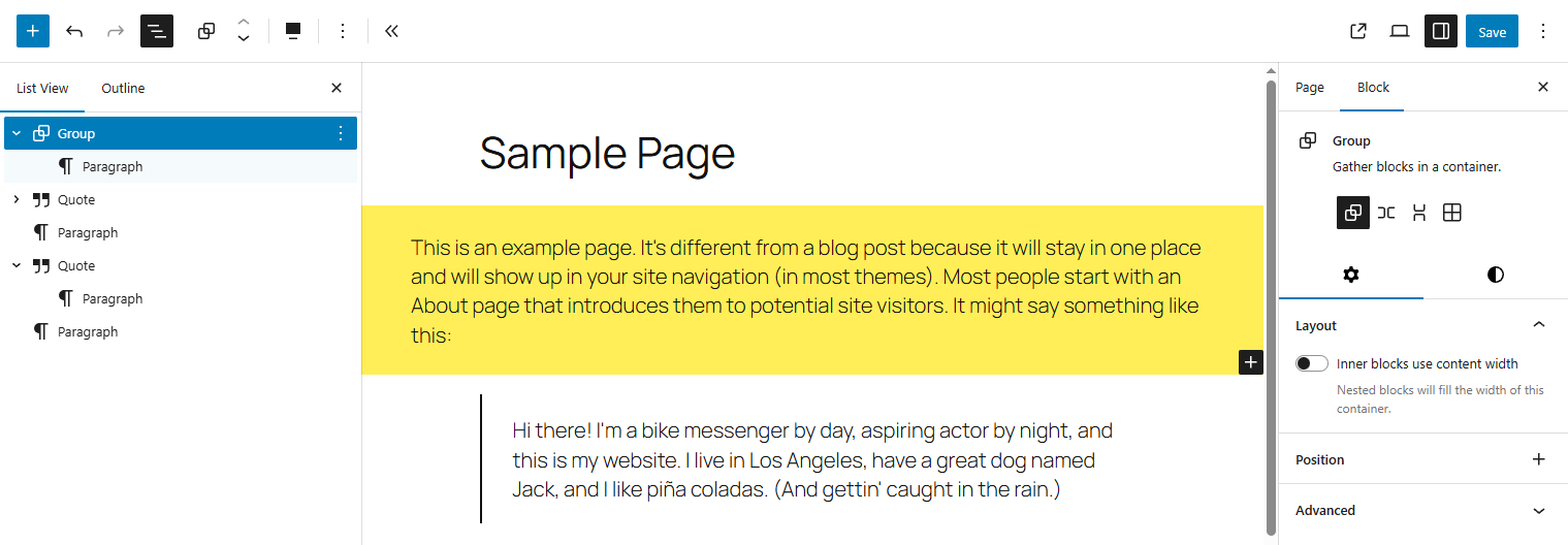 A paragraph with a yellow background in the block editor with sample page content, Group block selected in the list view with alignment set to "Full width", the yellow paragraph inside the Group block is completely full width with no whitespace on the sides
