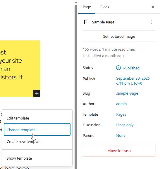 Block editor sidebar "Page" options section open showing a submenu of the "Template" option with the menu items: "Edit template", "Change template" (highlighted), "Create new template" and "Show template"