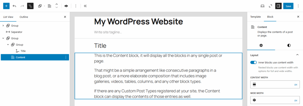 Block editor showing a template being edited, List View contains 3 items - Group block (collapsed), Separator block, Group block with 2 children - Group block with Title block as a child and a Content block (selected). Sidebar on the right showing "Content" block's options, "Inner blocks use content width" toggle option is enabled