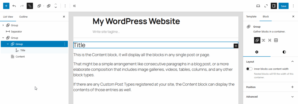 Block editor showing a template being edited, List View contains 3 items - Group block (collapsed), Separator block, Group block with 2 children - Group block (selected) with Title block as a child and a Content block. Sidebar on the right showing "Group" block's options, "Inner blocks use content width" toggle option is disabled