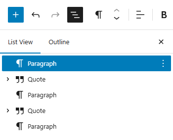 List View in the Block Editor showing Paragraph and Quote blocks