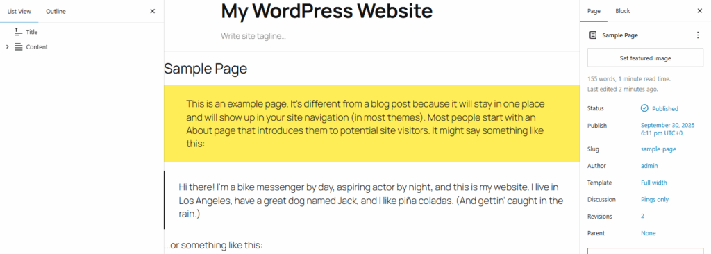 Block editor showing a page with sample content being edited while also displaying the page header above the content, the content has no whitespace on the sides