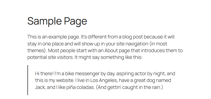 A paragraph in the block editor with sample page content