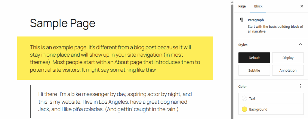 A paragraph with a yellow background in the block editor with sample page content, block settings sidebar is visible with the Color -> Background option set to yellow