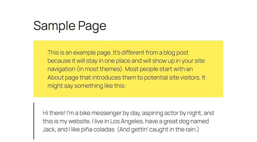 A paragraph with a yellow background in the block editor with sample page content, paragraph is aligned with the rest of the content