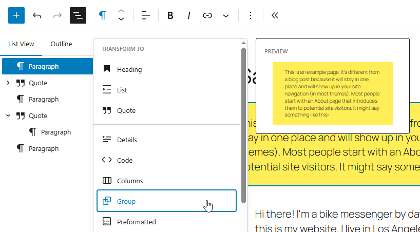 A submenu originating from Paragraph blocks' icon on the block toolbar showing "Transform to -> Group"