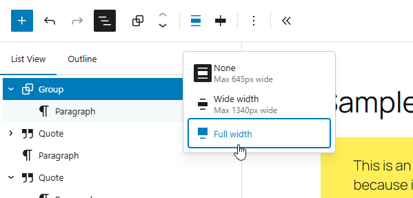 A submenu originating from Group blocks' "Align" item on the block toolbar, "None" menu item active, "Wide width" menu item inactive, "Full width" menu item highlighted