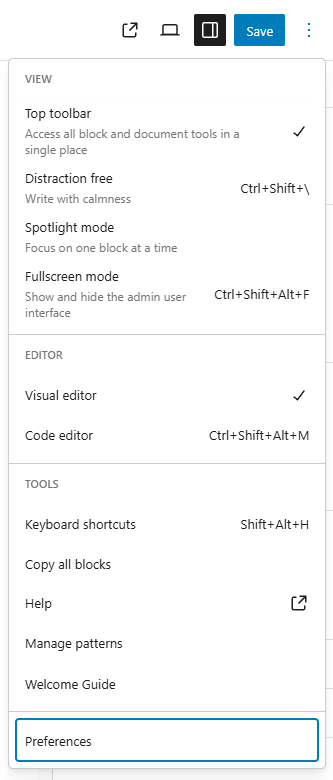 Block editor "Preferences" menu item in the block editor top right corner three dots menu