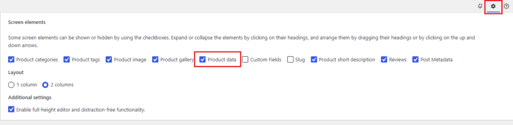 WC product screen options