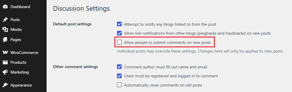 WordPress discussion settings -> Allow people to submit comments on new posts